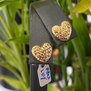 18K Yellow Gold Diamond Cut Puffy Heart Earrings